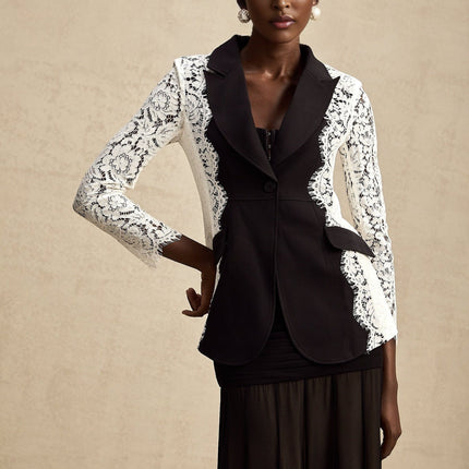 Bice Black & White Color Block Lace Trim Blazer with Front Button Fastening and Flap Pockets