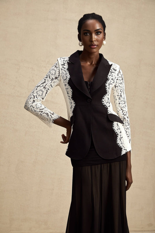 Bice Black & White Color Block Lace Trim Blazer with Front Button Fastening and Flap Pockets