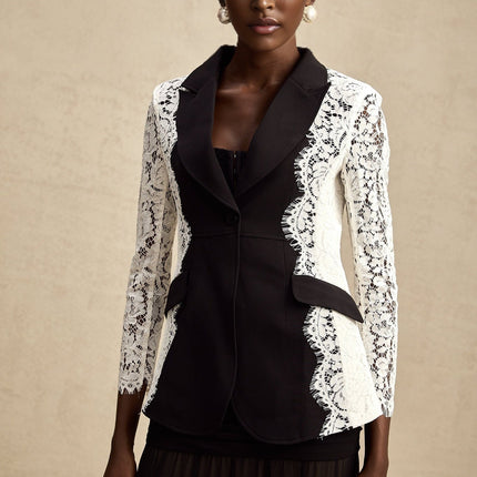 Bice Black & White Panelled Lace Trim Blazer
