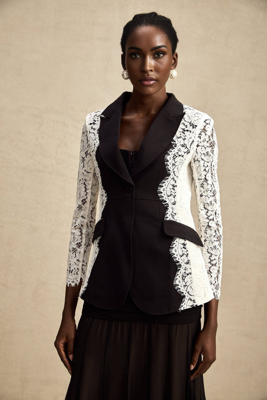Bice Black & White Panelled Lace Trim Blazer