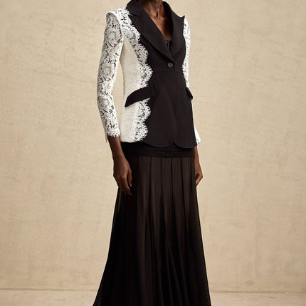 Bice Black & White Blazer with Lace Trim and Panelled Construction