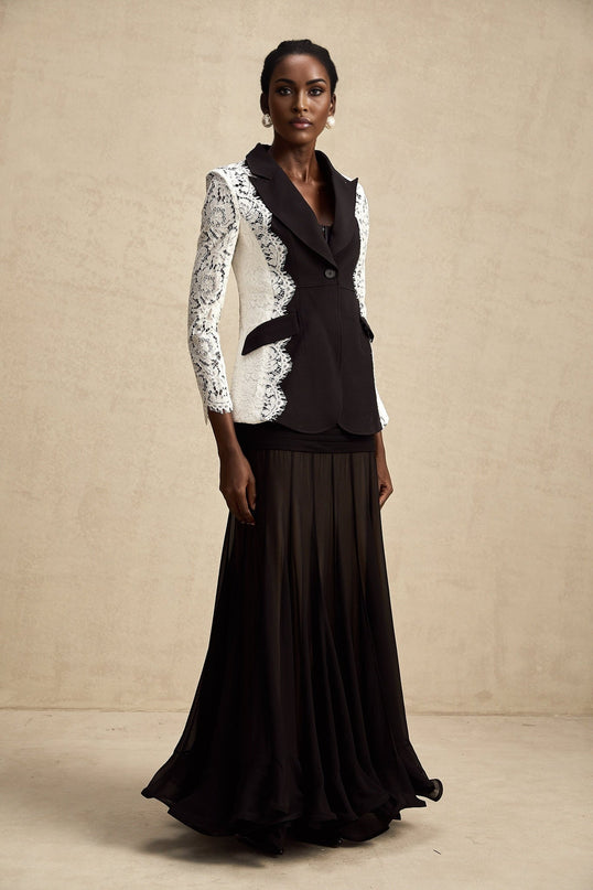 Bice Black & White Blazer with Lace Trim and Panelled Construction