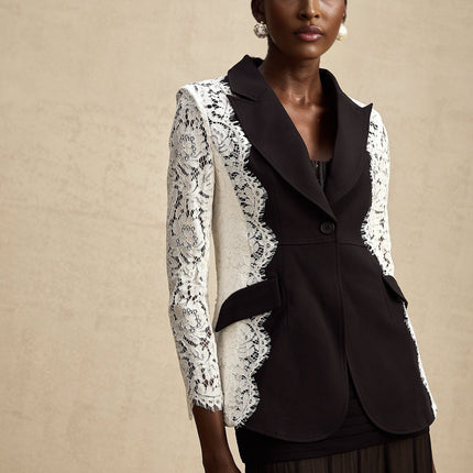 Bice Black & White Color Block Blazer with Lace Trim and Front Button Fastening
