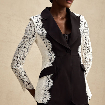 Bice Black & White Blazer with Lace Trim and Panelled Construction