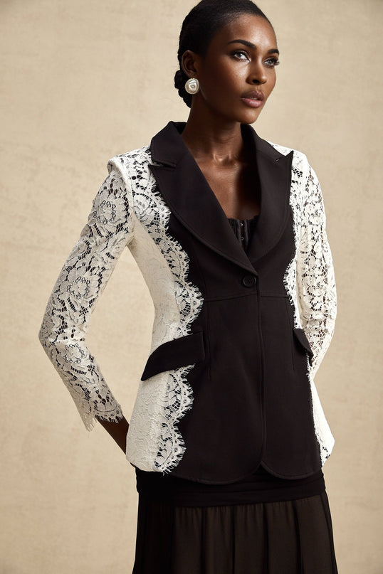 Bice Black & White Blazer with Lace Trim and Panelled Construction
