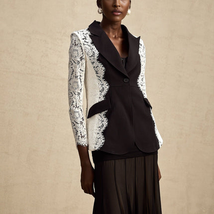 Bice Black & White Blazer with Lace Trim and Panelled Construction