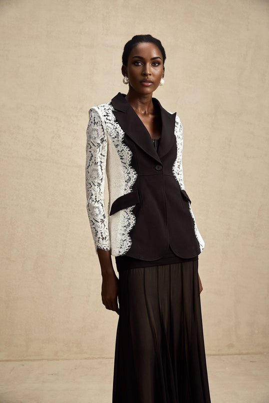 Bice Black & White Blazer with Lace Trim and Panelled Construction
