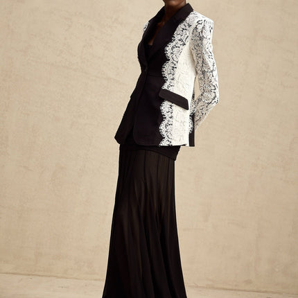 Bice Black & White Color Block Blazer with Lace Trim and Flap Pockets