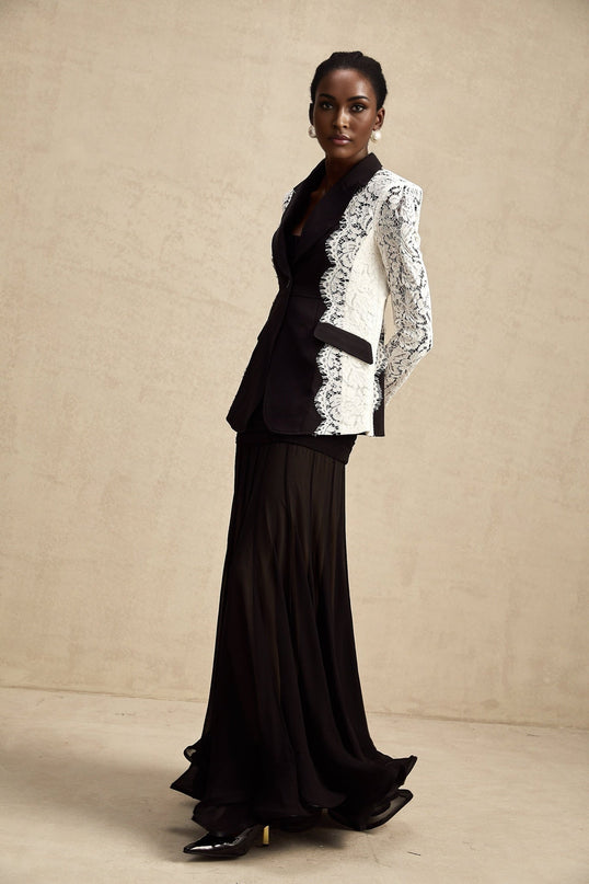 Bice Black & White Color Block Blazer with Lace Trim and Flap Pockets
