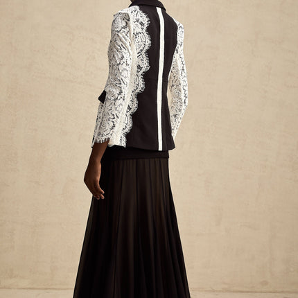 Bice Black & White Bice Blazer long sleeve lapels lace trim color-block design panelled construction front flap pockets front button fastening straight hem polyester viscose timeless sophistication quality
