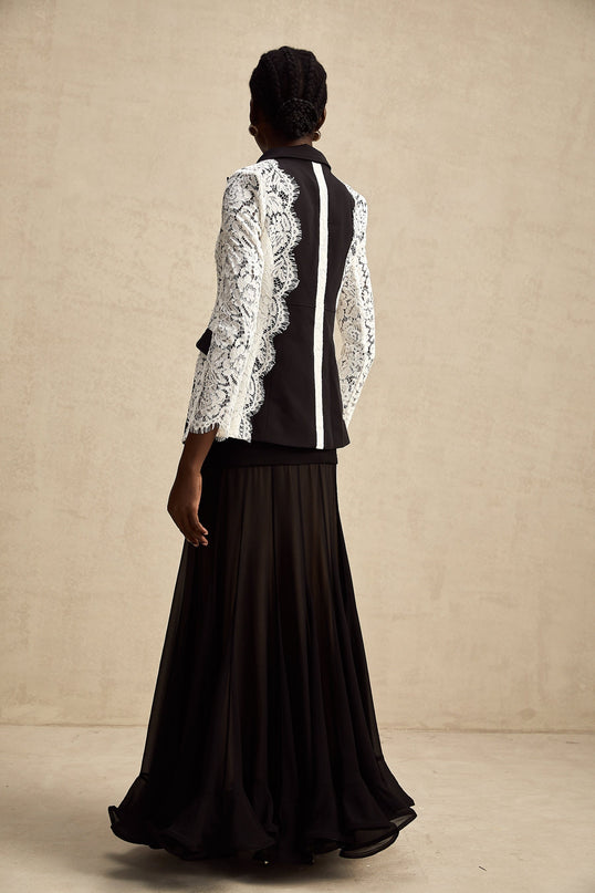 Bice Black & White Bice Blazer long sleeve lapels lace trim color-block design panelled construction front flap pockets front button fastening straight hem polyester viscose timeless sophistication quality