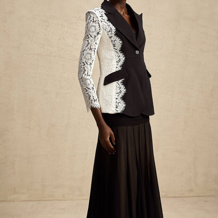 Bice Black & White Color Block Lace Trim Blazer