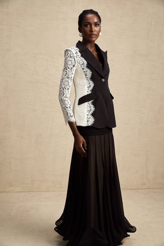 Bice Black & White Color Block Lace Trim Blazer