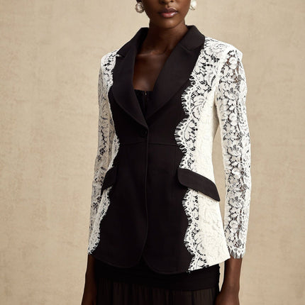 Bice Black & White Color Block Lace Trim Blazer