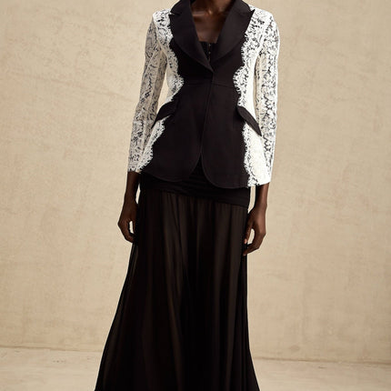 Bice Black & White Lace Trim Blazer with Flap Pockets and Button Fastening