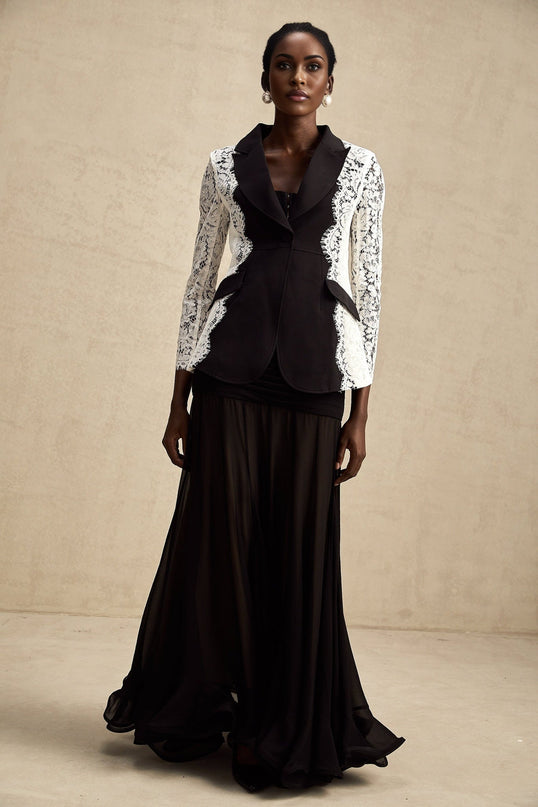 Bice Black & White Lace Trim Blazer with Flap Pockets and Button Fastening