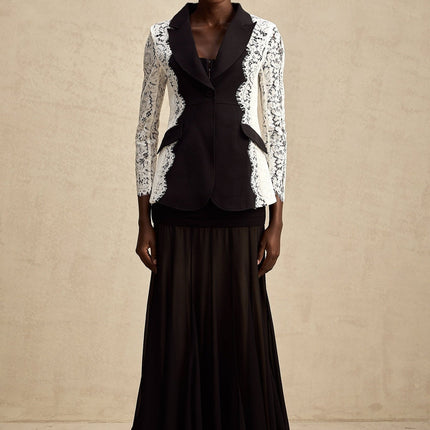 Bice Blazer Black & White Panelled Lace Trim Front Button Women's Jacket
