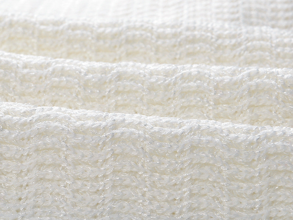 Bice Cream and Black Textured Knit V-Neck Dress with Flared Hem and Patch Pockets