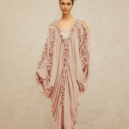 Bice Maxi Dress Neutrals Ruffled Trim Tulle V-Neck Batwing Sleeves Cold Shoulder Front Slit Opulence Sophistication
