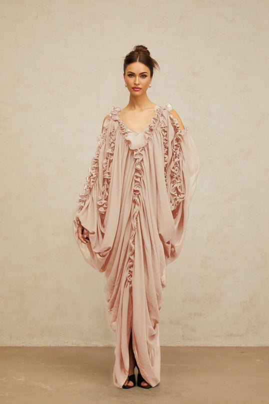 Bice Maxi Dress Neutrals Ruffled Trim Tulle V-Neck Batwing Sleeves Cold Shoulder Front Slit Opulence Sophistication