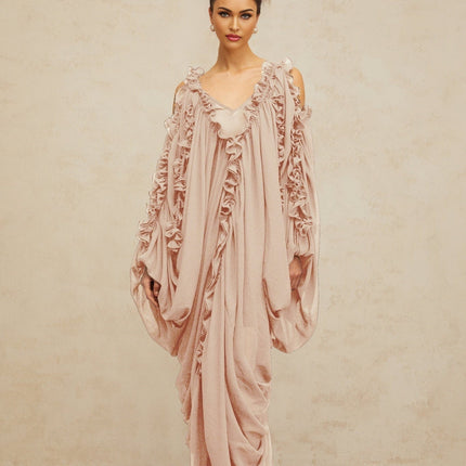 Bice Maxi Dress Neutrals Ruffled Trim Tulle V-Neck Batwing Sleeves Cold Shoulder Accents Ruched Detailing Front Slit Slip-On Style Floor Length Opulent Sophisticated