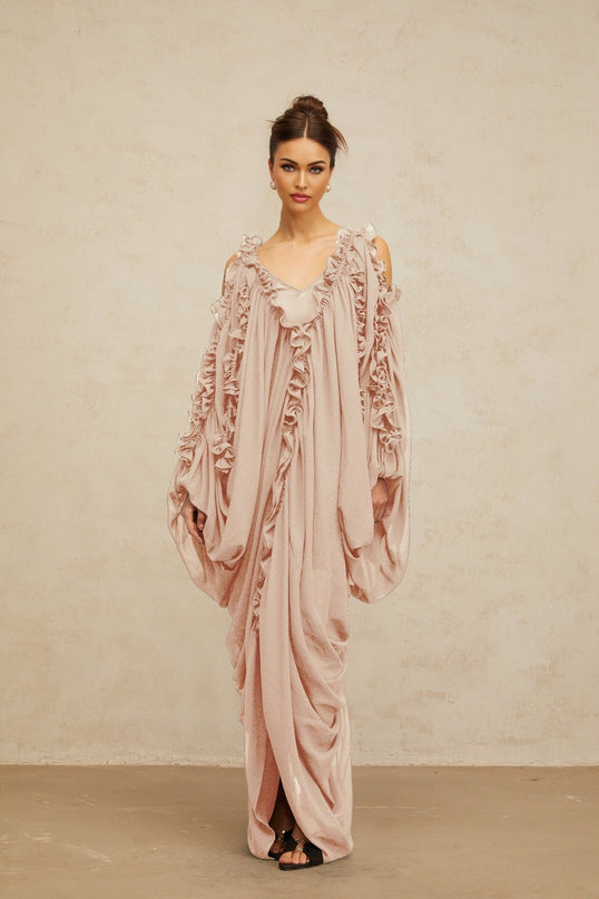 Bice Maxi Dress Neutrals Ruffled Trim Tulle V-Neck Batwing Sleeves Cold Shoulder Accents Ruched Detailing Front Slit Slip-On Style Floor Length Opulent Sophisticated