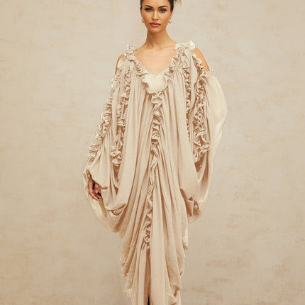 Bice Maxi Dress Neutrals Ruffled Trim Tulle V-Neck Batwing Sleeves Cold Shoulder Accents Ruched Detailing Front Slit Slip-On Style Floor Length Opulence Sophistication 100% Terylene Fiber