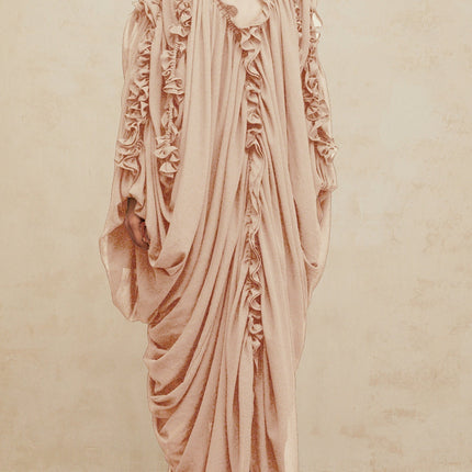 Bice Maxi Dress Neutrals Ruffled Trim Tulle V Neck Batwing Sleeves Cold Shoulder Slit Opulence Sophistication