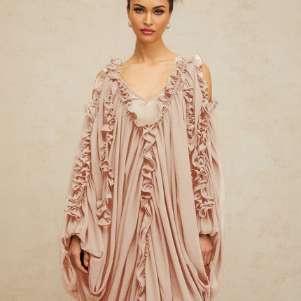 Bice Maxi Dress Neutrals Ruffled Trim Tulle V-Neck Batwing Sleeves Cold Shoulder Accents Ruched Detailing Front Slit Floor Length Opulent Sophisticated