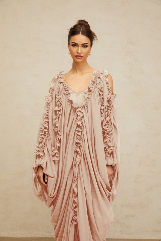 Bice Maxi Dress Neutrals Ruffled Trim Tulle V-Neck Batwing Sleeves Cold Shoulder Accents Ruched Detailing Front Slit Floor Length Opulent Sophisticated