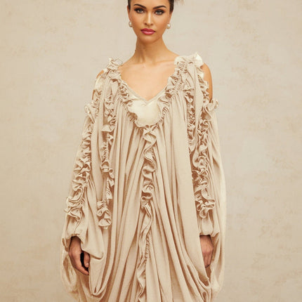 Bice Maxi Dress Neutrals Ruffled Trim Tulle V Neck Batwing Sleeves Cold Shoulder Accents Ruched Detailing Front Slit Slip On Style Floor Length Opulence Sophistication