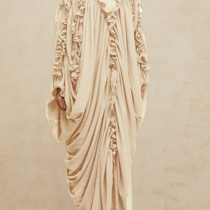 Bice Maxi Dress in Neutrals Ruffled Trim Tulle V-Neck Batwing Sleeves Cold Shoulder Front Slit Ruched Detailing Slip-On Style Floor Length Opulent Sophisticated 100% Terylene Fiber