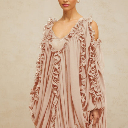 Bice Maxi Dress Neutrals Ruffled Trim Tulle V-Neck Batwing Sleeves Cold Shoulder Accents Ruched Detailing Front Slit Slip-On Style Floor Length Opulence Sophistication 100% Terylene Fiber