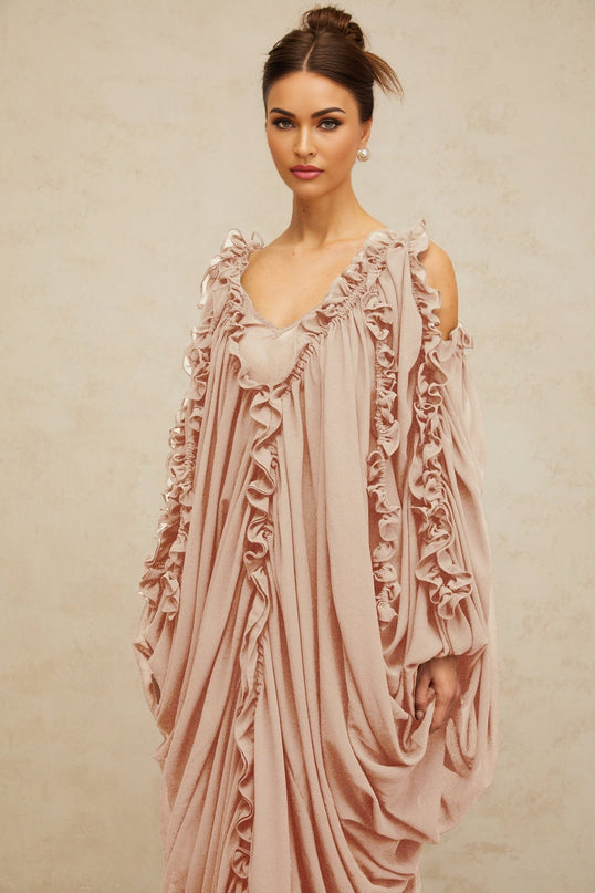 Bice Maxi Dress Neutrals Ruffled Trim Tulle V-Neck Batwing Sleeves Cold Shoulder Accents Ruched Detailing Front Slit Slip-On Style Floor Length Opulence Sophistication 100% Terylene Fiber