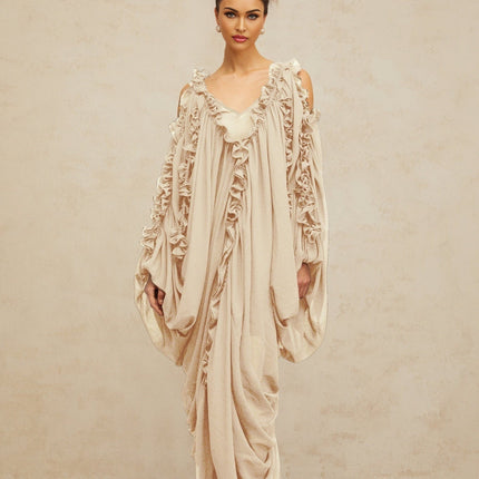 Bice Maxi Dress Neutrals Ruffled Trim Tulle V-Neck Batwing Sleeves Cold Shoulder Accents Ruched Detailing Front Slit Slip-On Floor Length Opulence Sophistication