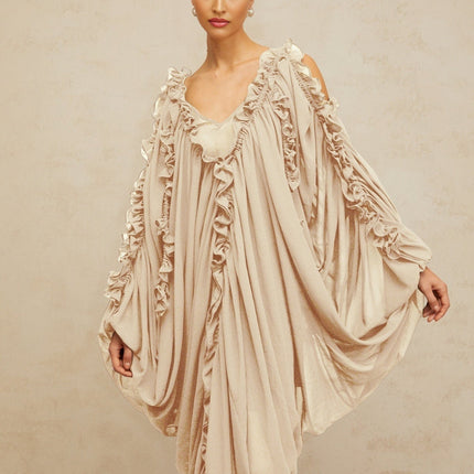 Bice Maxi Dress in Neutrals Ruffled-Trim Tulle V-Neck Batwing Sleeves Cold Shoulder Slit Detailing Floor Length Opulent Sophisticated