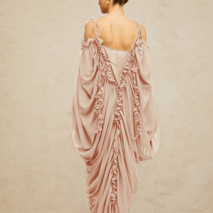 Bice Maxi Dress Neutrals Ruffled Trim Tulle V-Neck Batwing Sleeves Cold Shoulder Accents Ruched Detailing Front Slit Slip-On Style Floor Length Opulence Sophistication 100% Terylene Fiber