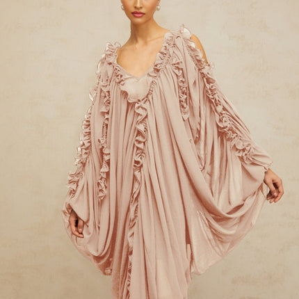 Bice Maxi Dress Neutrals Ruffled-Trim Tulle V-Neck Batwing Sleeves Cold Shoulder Accents Ruched Detailing Front Slit Slip-On Style Floor Length Opulence Sophistication