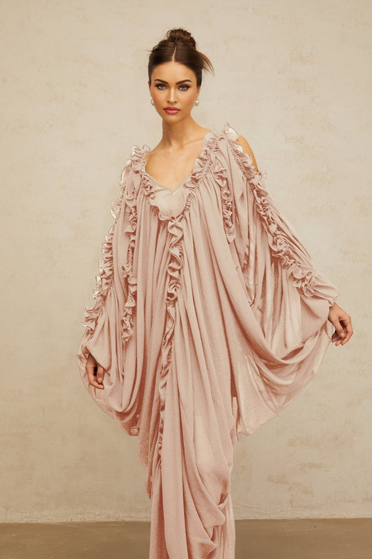 Bice Maxi Dress Neutrals Ruffled-Trim Tulle V-Neck Batwing Sleeves Cold Shoulder Accents Ruched Detailing Front Slit Slip-On Style Floor Length Opulence Sophistication