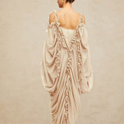 Bice Maxi Dress in Neutrals Ruffled Trim Tulle V-Neck Batwing Sleeves Cold Shoulder Front Slit Opulent Sophisticated Floor Length
