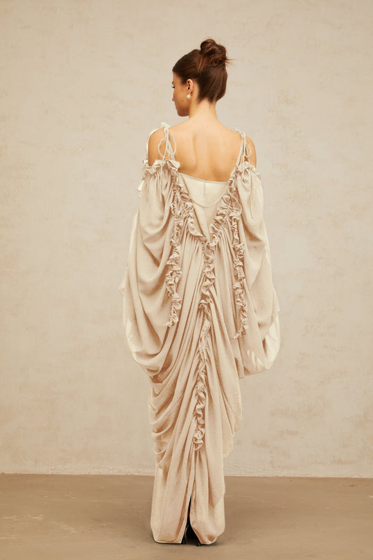 Bice Maxi Dress in Neutrals Ruffled Trim Tulle V-Neck Batwing Sleeves Cold Shoulder Front Slit Opulent Sophisticated Floor Length