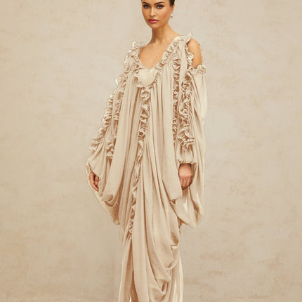 Bice Maxi Dress Neutrals Ruffled Trim Tulle V-Neck Batwing Sleeves Cold Shoulder Ruched Detailing Front Slit Opulence Sophistication