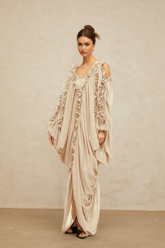 Bice Maxi Dress Neutrals Ruffled Trim Tulle V-Neck Batwing Sleeves Cold Shoulder Ruched Detailing Front Slit Opulence Sophistication
