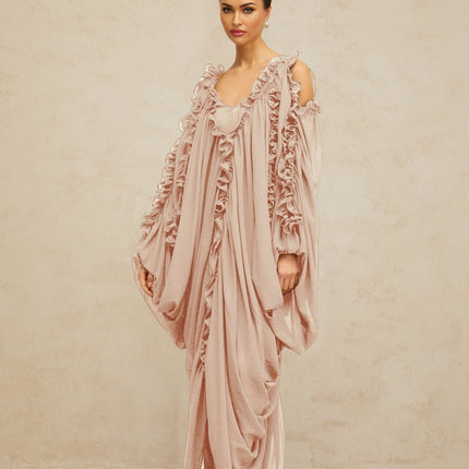 Bice Maxi Dress in Neutrals Tulle Ruffled Trim V-Neck Batwing Sleeves Cold Shoulder Front Slit Ruched Detailing Floor Length Opulent Sophisticated