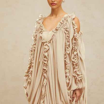 Bice Neutrals Maxi Dress with ruffled-trim tulle, V-neck design, batwing sleeves, cold shoulder accents, ruched detailing, front slit, slip-on style, floor length, 100% Terylene fiber