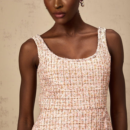 Bice Pink Coarse Tweed Crystal Embellished Mini Dress