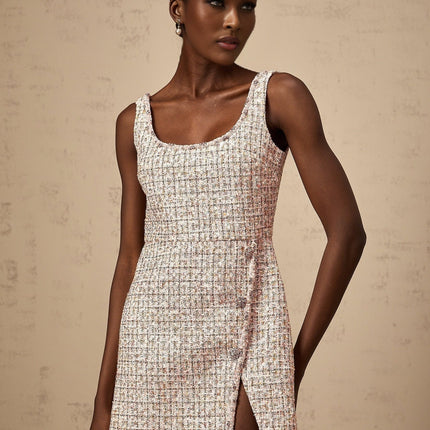 Bice Pink Coarse Tweed Crystal Embellished Mini Dress