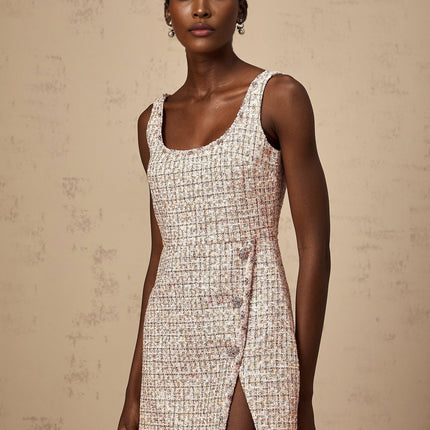 Bice Pink Coarse Tweed Crystal Embellished Mini Dress