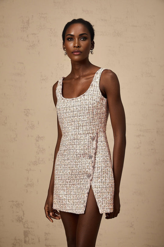 Bice Pink Coarse Tweed Crystal Embellished Mini Dress