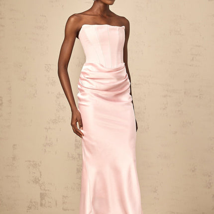 Bice Pink Pleasing Maxi Dress Off-shoulder Corset Style Satin Finish Pleat Detailing Flared Hem Maxi Length Rear Zip Fastening Terylene fiber